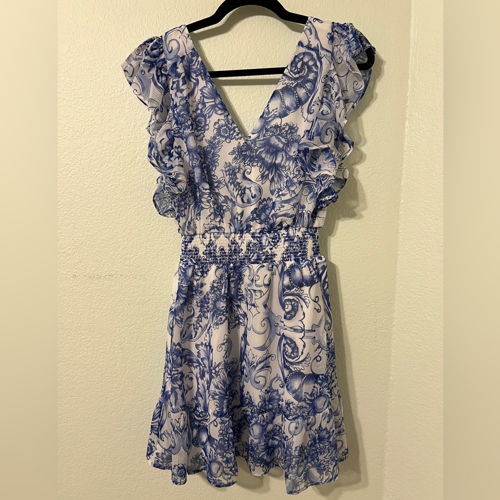 Express Blue and White Patterned Mini Dress